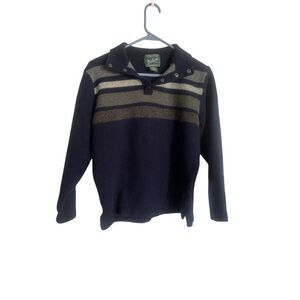 Woolrich Mens Navy Blue Striped Wool Long Sleeve 1/4 Metal Snap Sweater Large